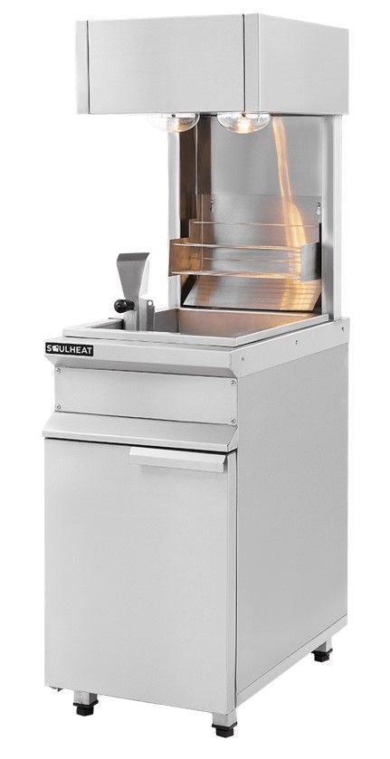 Máquina de palomitas de maíz de acero inoxidable con armario calentador y dispensador.