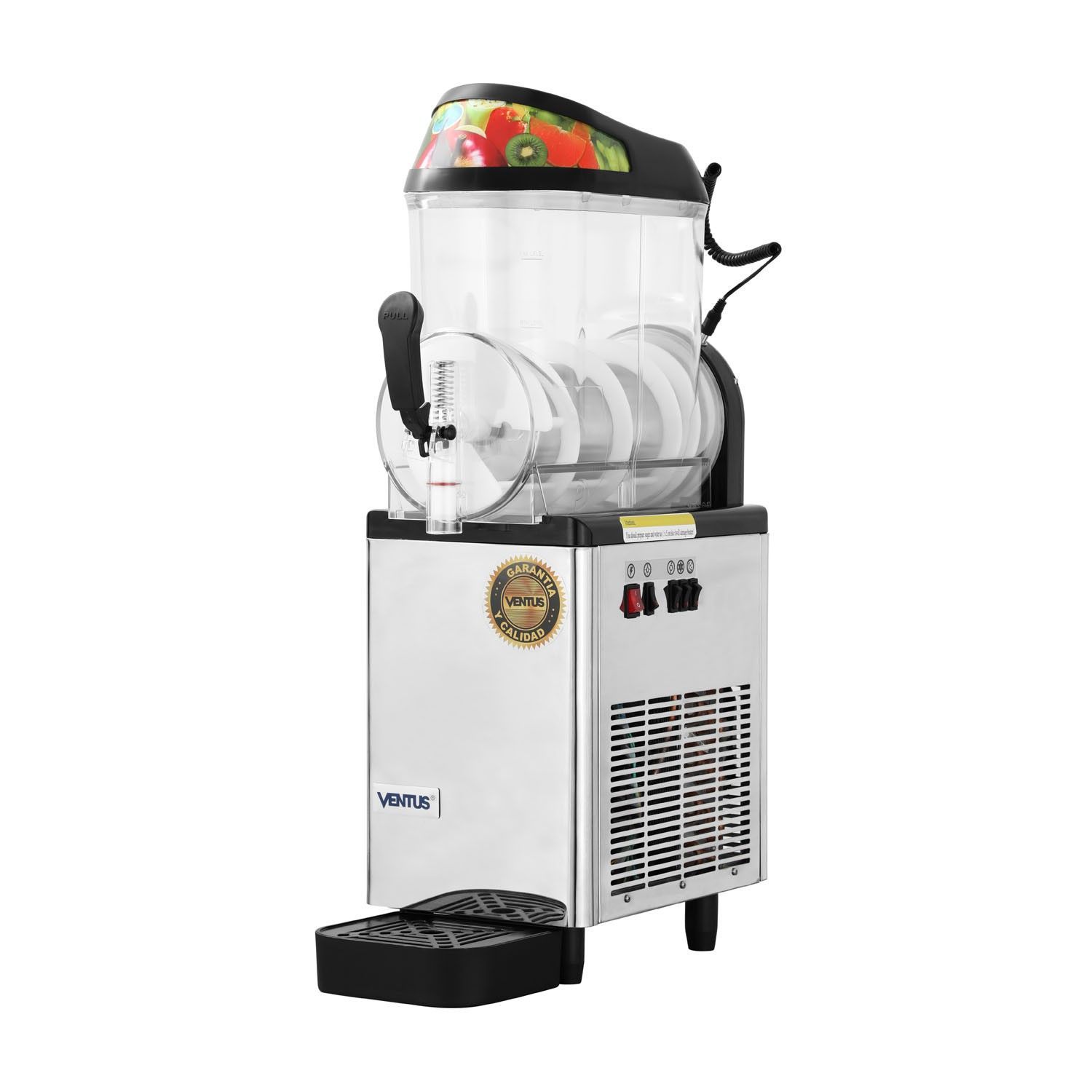 Máquina de granizados con cuerpo de acero inoxidable y recipiente de bebida transparente, con tapa negra y pico dispensador.