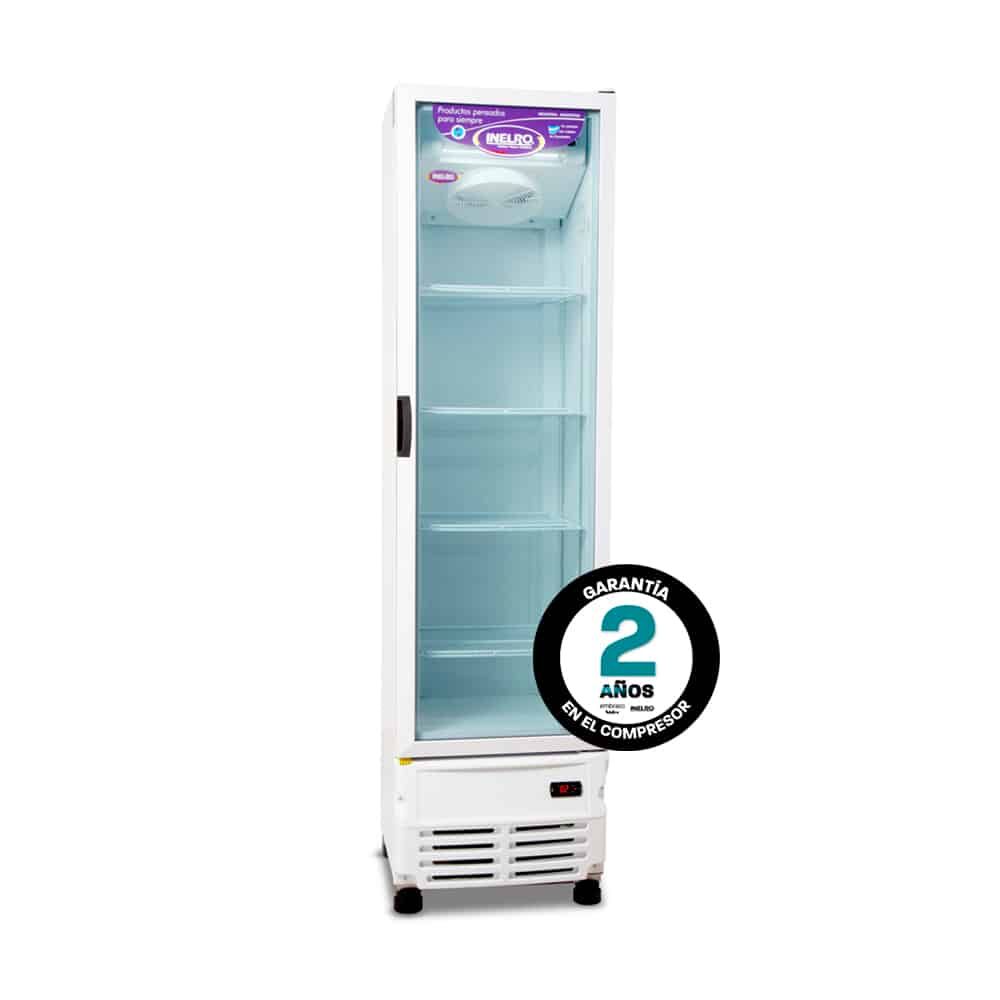 Refrigerador comercial blanco con puerta de vidrio, estantes y sello de garantía de 2 años.