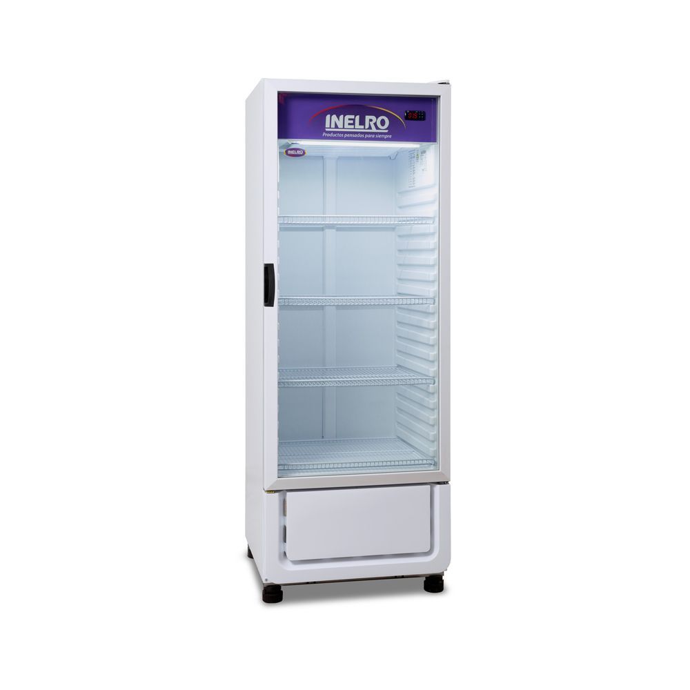 Refrigerador comercial blanco con puerta de cristal, logo INELRO en la parte superior, cuatro estantes.