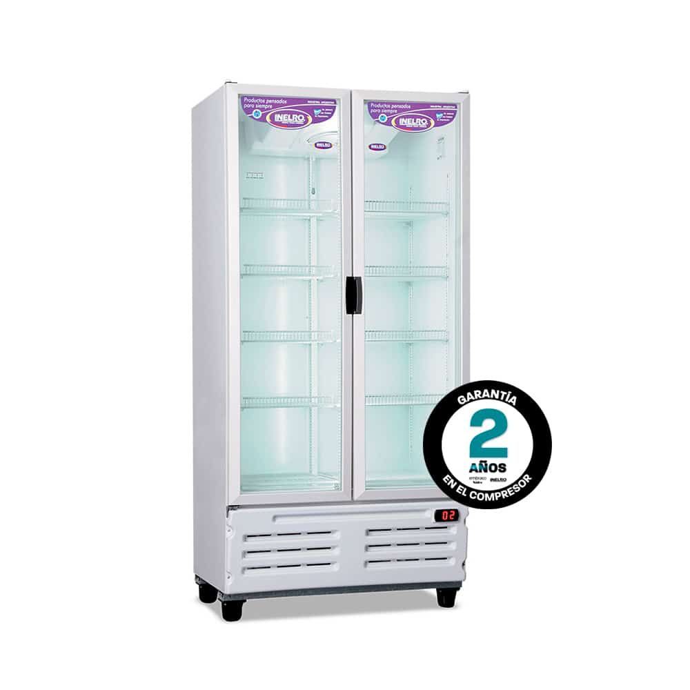 Refrigerador comercial blanco de doble puerta con puertas de vidrio, estantes y una insignia de garantía de compresor de 2 años.