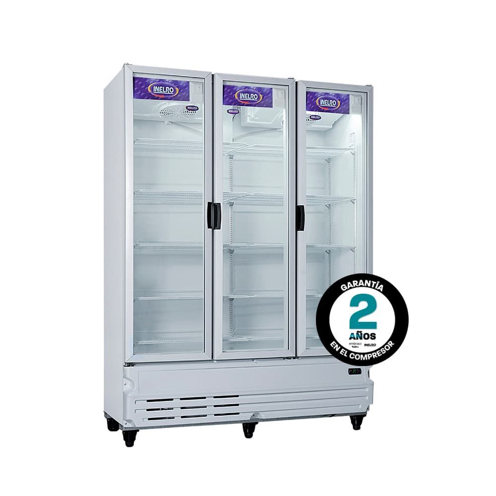 Frigorífico comercial de triple puerta con puertas de cristal y pegatina de garantía de 2 años.