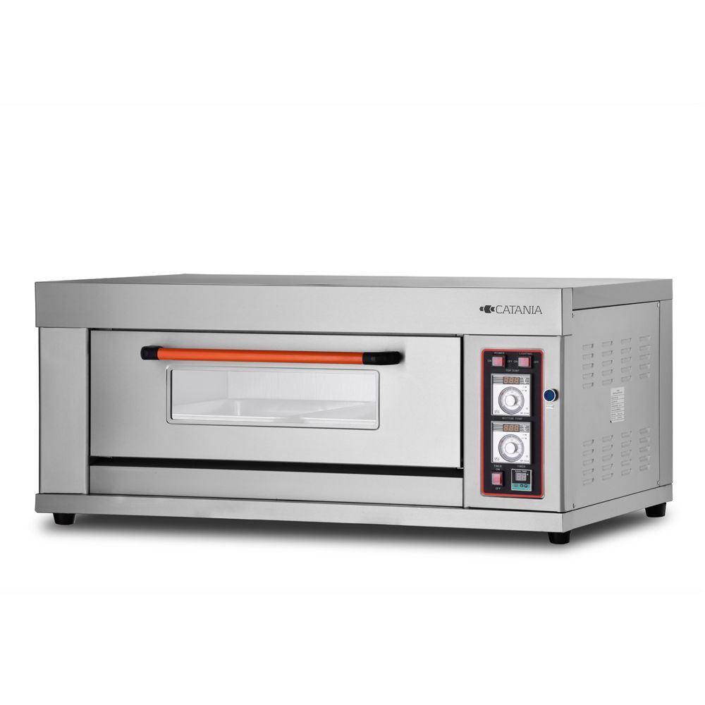 Horno de pizza comercial de acero inoxidable con controles digitales y puerta de vidrio.