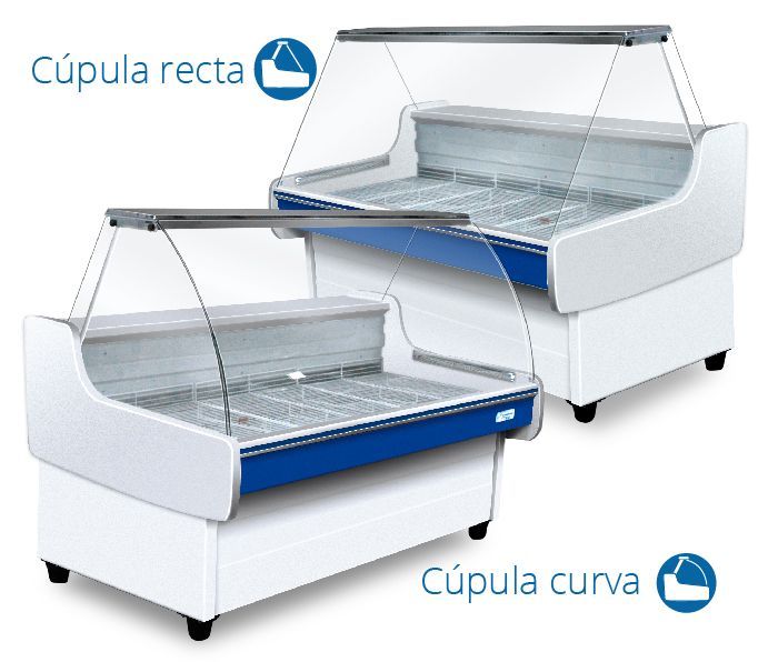 Dos vitrinas refrigeradas blancas con tapa de cristal, una recta (