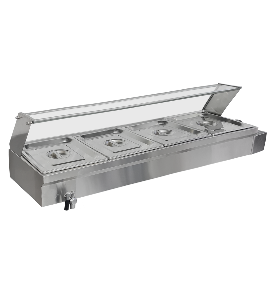Calentador de alimentos de acero inoxidable con tres compartimentos y protector de vidrio anti-estornudos.