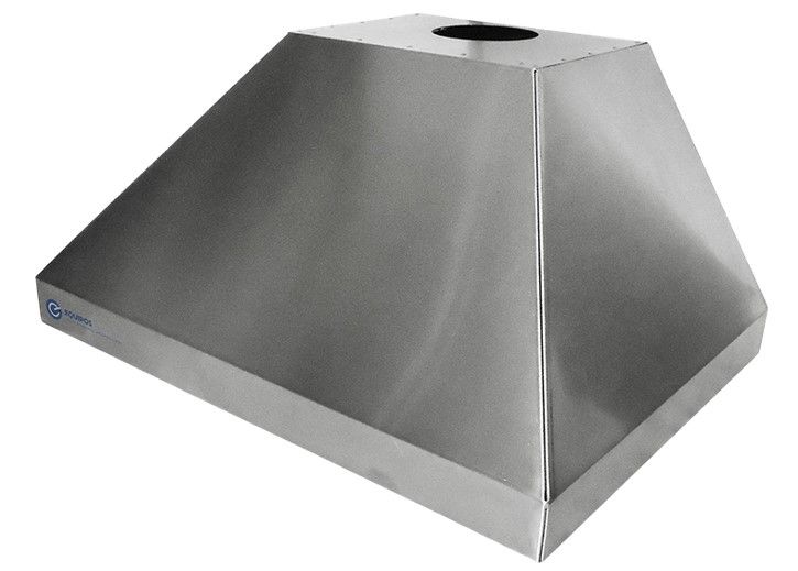 Campana extractora de acero inoxidable con parte superior rectangular y forma acampanada y angulada.