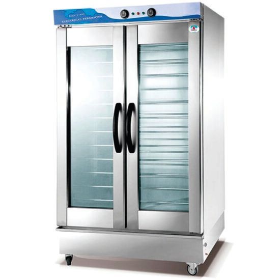 Calentador de alimentos comercial de acero inoxidable con puertas de vidrio doble, perillas y rejillas interiores.