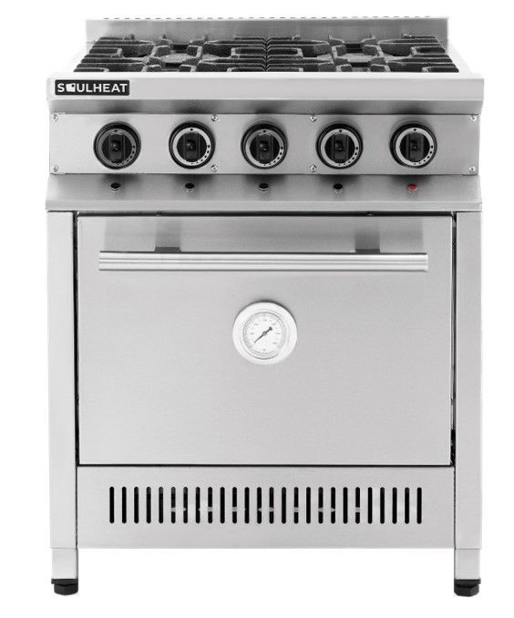 Cocina a gas comercial de acero inoxidable con cinco quemadores y horno.