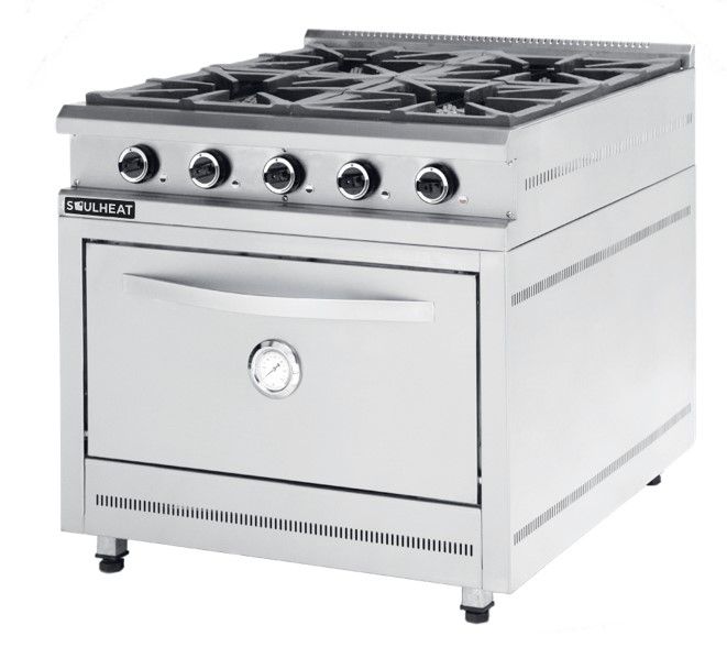Cocina a gas comercial de acero inoxidable con seis quemadores y horno.