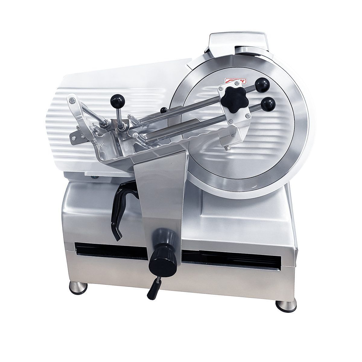 Cortadora de carne comercial plateada, con una cuchilla circular grande y controles de grosor ajustables.