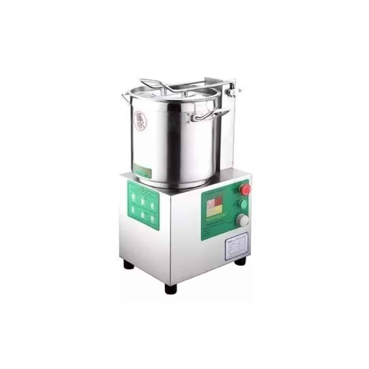 Procesador de alimentos comercial de acero inoxidable con recipiente grande y panel de control.