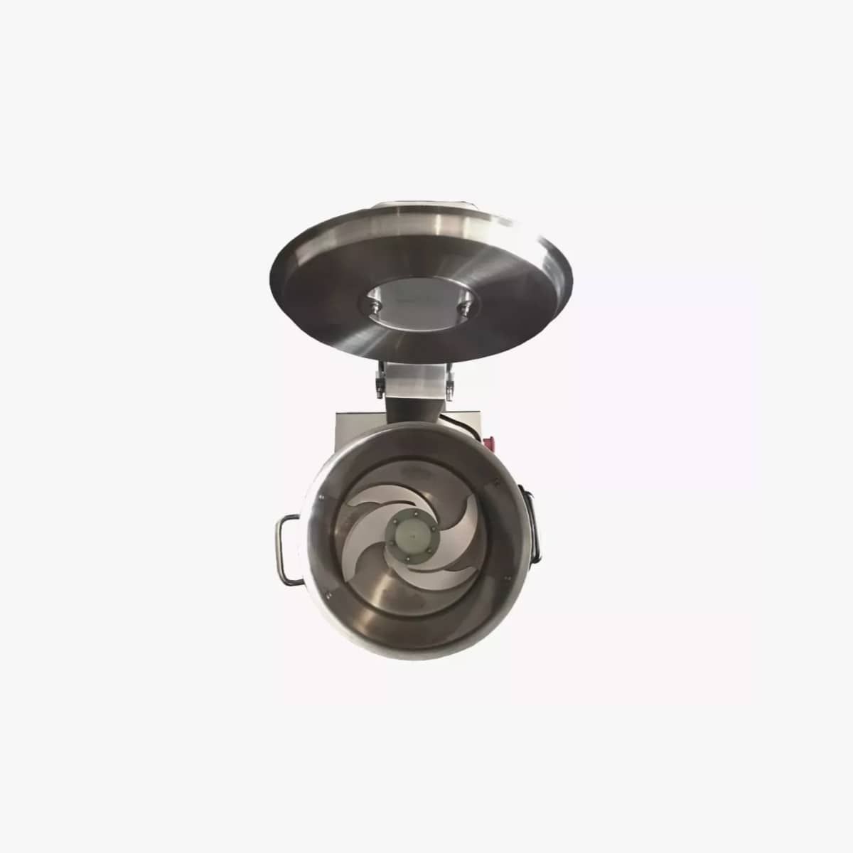 Procesador de alimentos comercial de acero inoxidable con recipiente grande y panel de control.