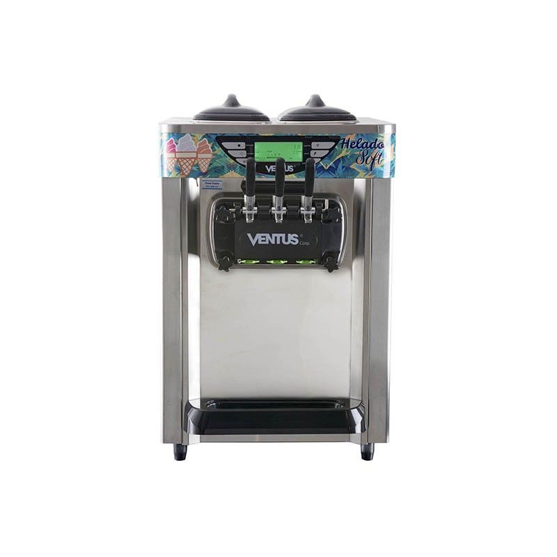 Máquina de helado suave de acero inoxidable con tres manijas dispensadoras.