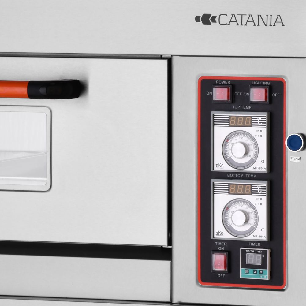 Horno de pizza comercial de acero inoxidable con controles digitales y puerta de vidrio.