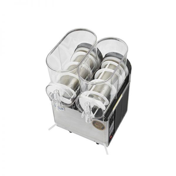 Una máquina para hacer granizados de doble barril con cuerpo de acero inoxidable y tapas con temática de frutas.