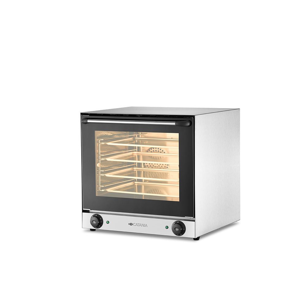 Horno comercial de acero inoxidable con puerta de vidrio, perillas de control y rejillas interiores.