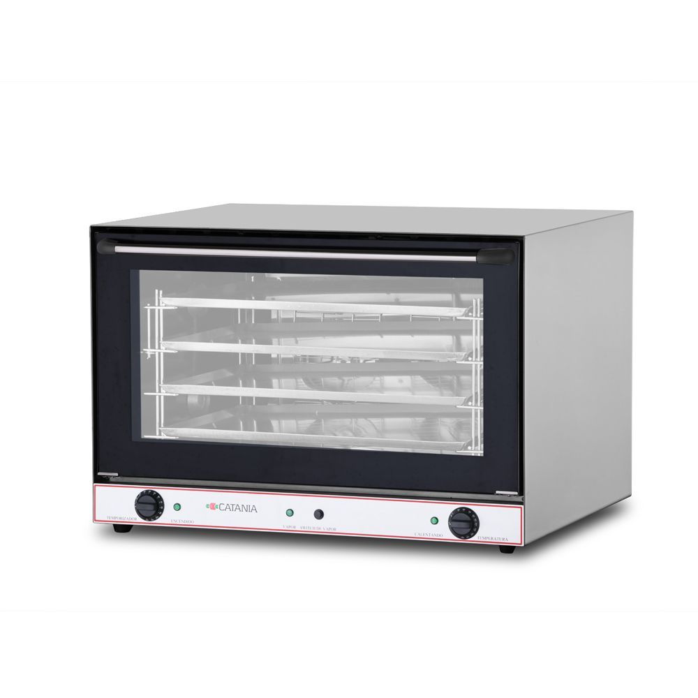 Horno comercial con puerta de cristal y perillas de control.