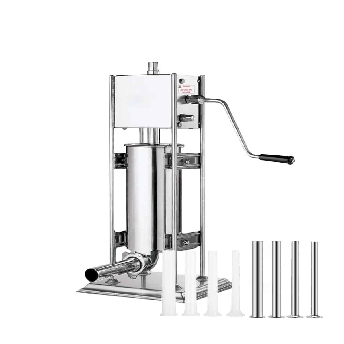 Embutidora de salchichas de acero inoxidable con múltiples tubos de embutido. Brazo de manivela manual en una máquina comercial.
