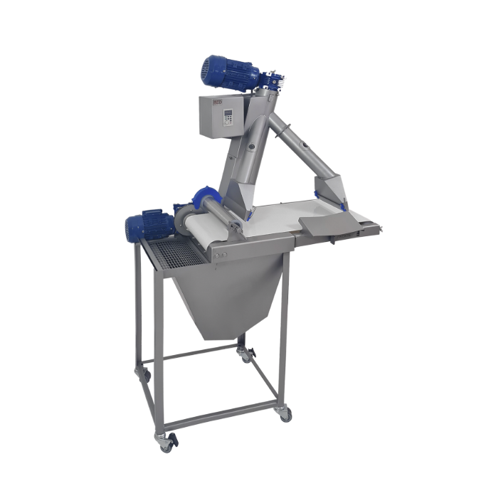 Máquina industrial de procesamiento de alimentos con cintas transportadoras y motores.