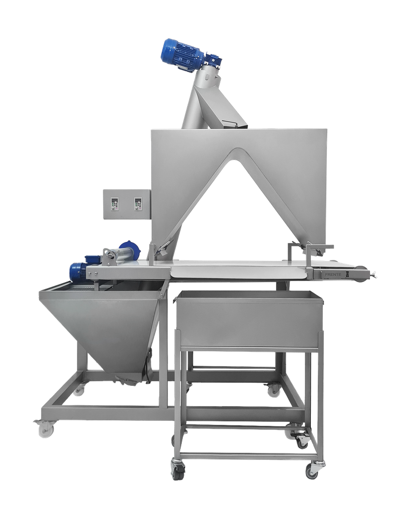Máquina industrial procesadora de alimentos con cintas transportadoras y tolva, acero inoxidable.