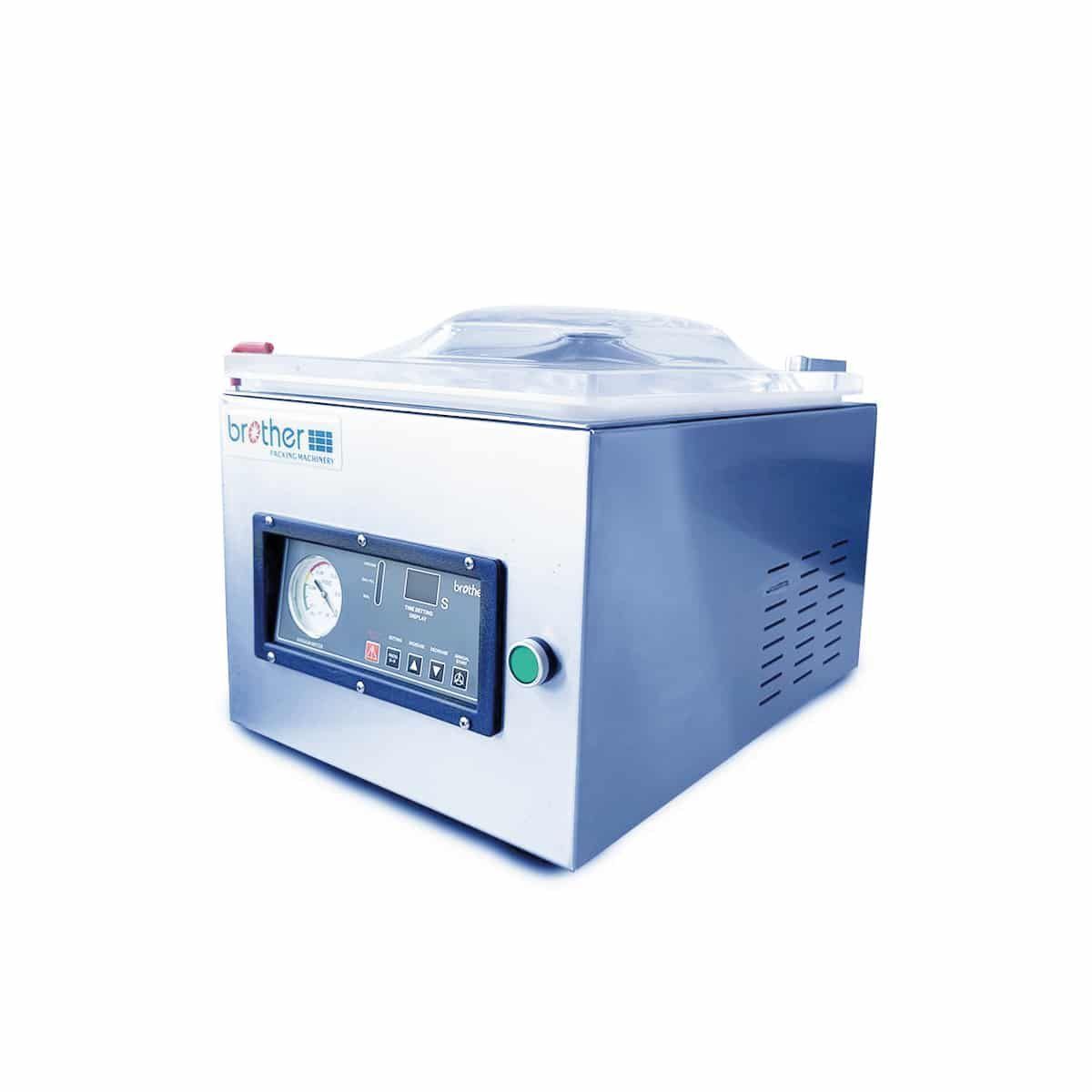 Máquina selladora al vacío con exterior en acero inoxidable y panel de control.