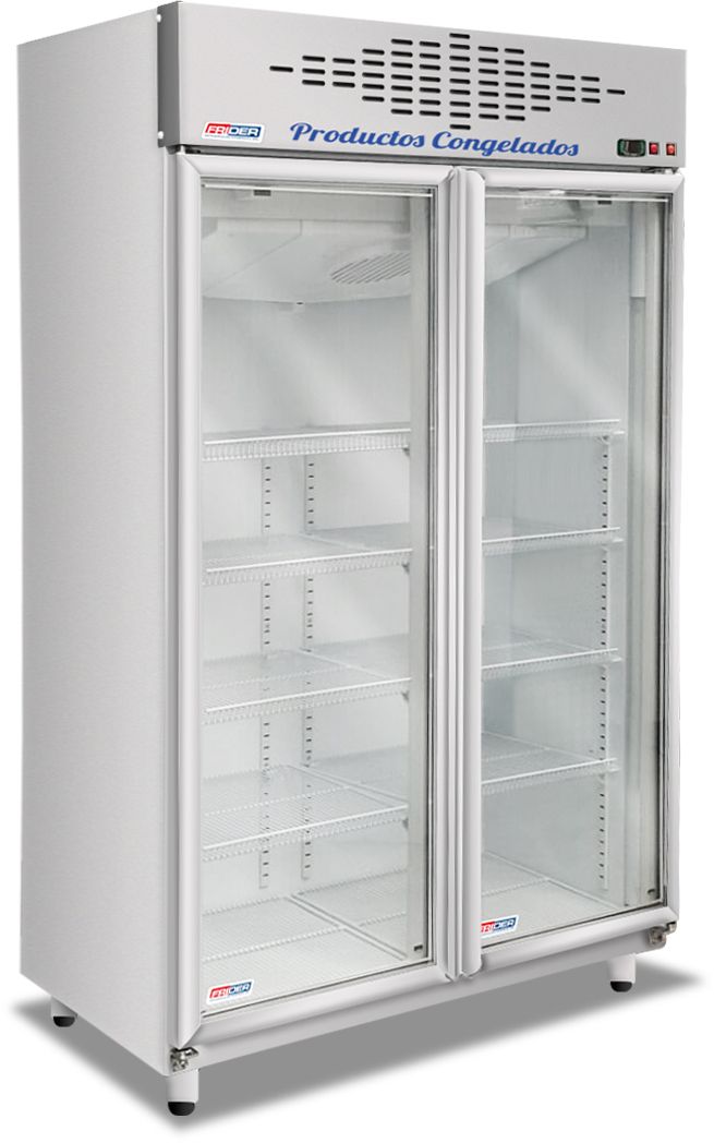 Refrigerador comercial blanco de doble puerta con puertas de vidrio y estantes ajustables, exhibiendo 