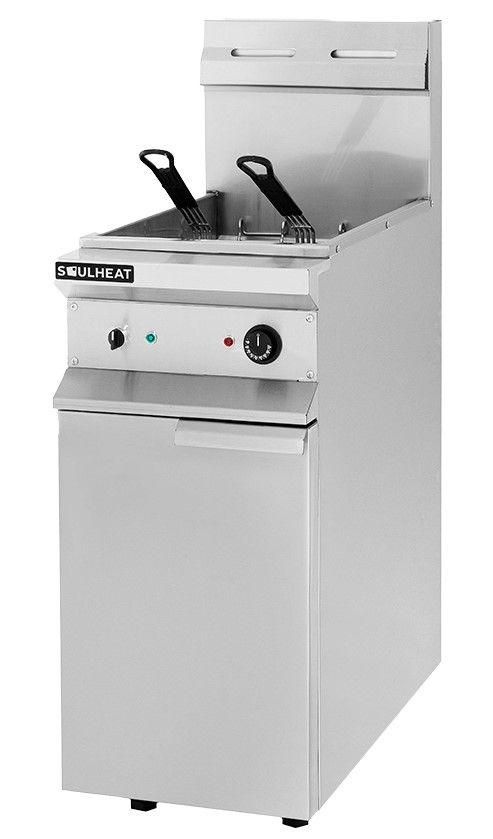 Freidora eléctrica de acero inoxidable con dos cestas, dial de temperatura y base tipo mueble.