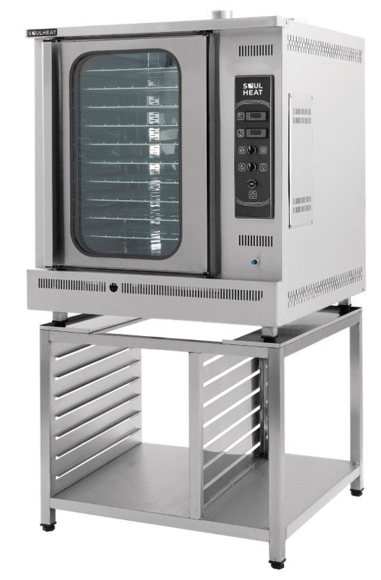 Horno de convección comercial sobre soporte metálico.