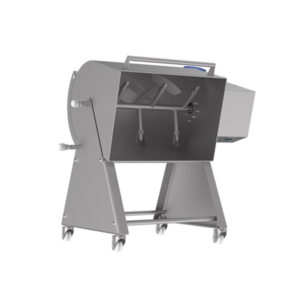 Mezcladora de carne industrial en acero inoxidable con ruedas.