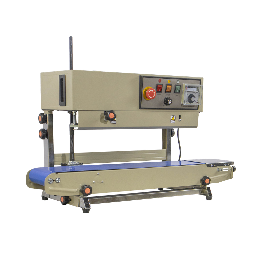 Maquina selladora de bolsas industrial con cinta transportadora, panel de control y acabado beige.
