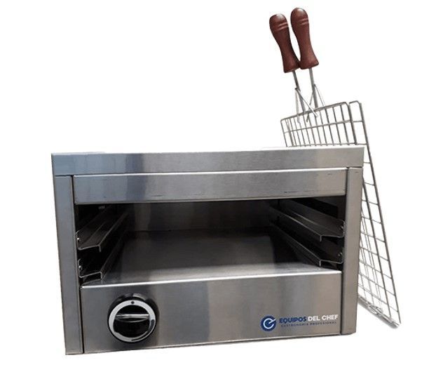 Calentador de alimentos comercial de acero inoxidable con dos compartimentos, perillas y rejillas de alambre.