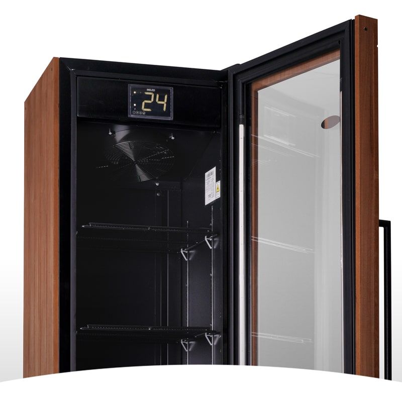 Enfriador de bebidas de madera con puerta de vidrio, estantes y sello de garantía.
