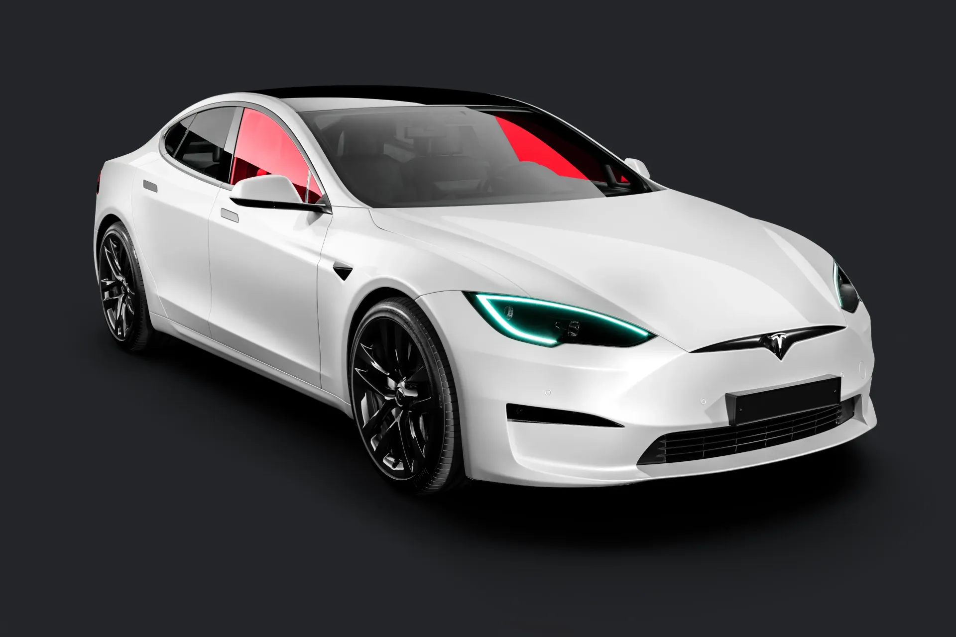 A white tesla model s with a red stripe on the windshield.