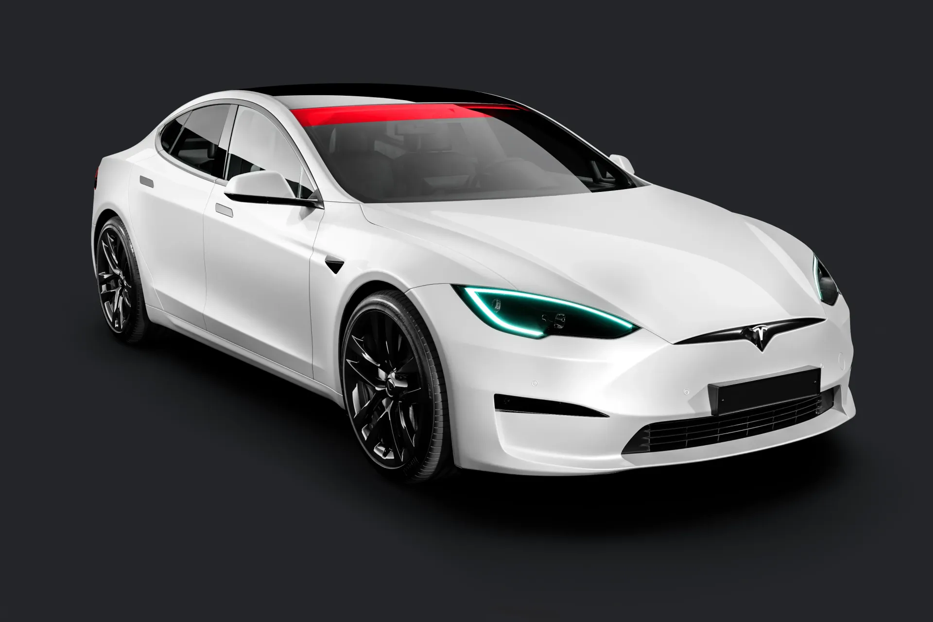 A white tesla model s with a red stripe on the windshield.