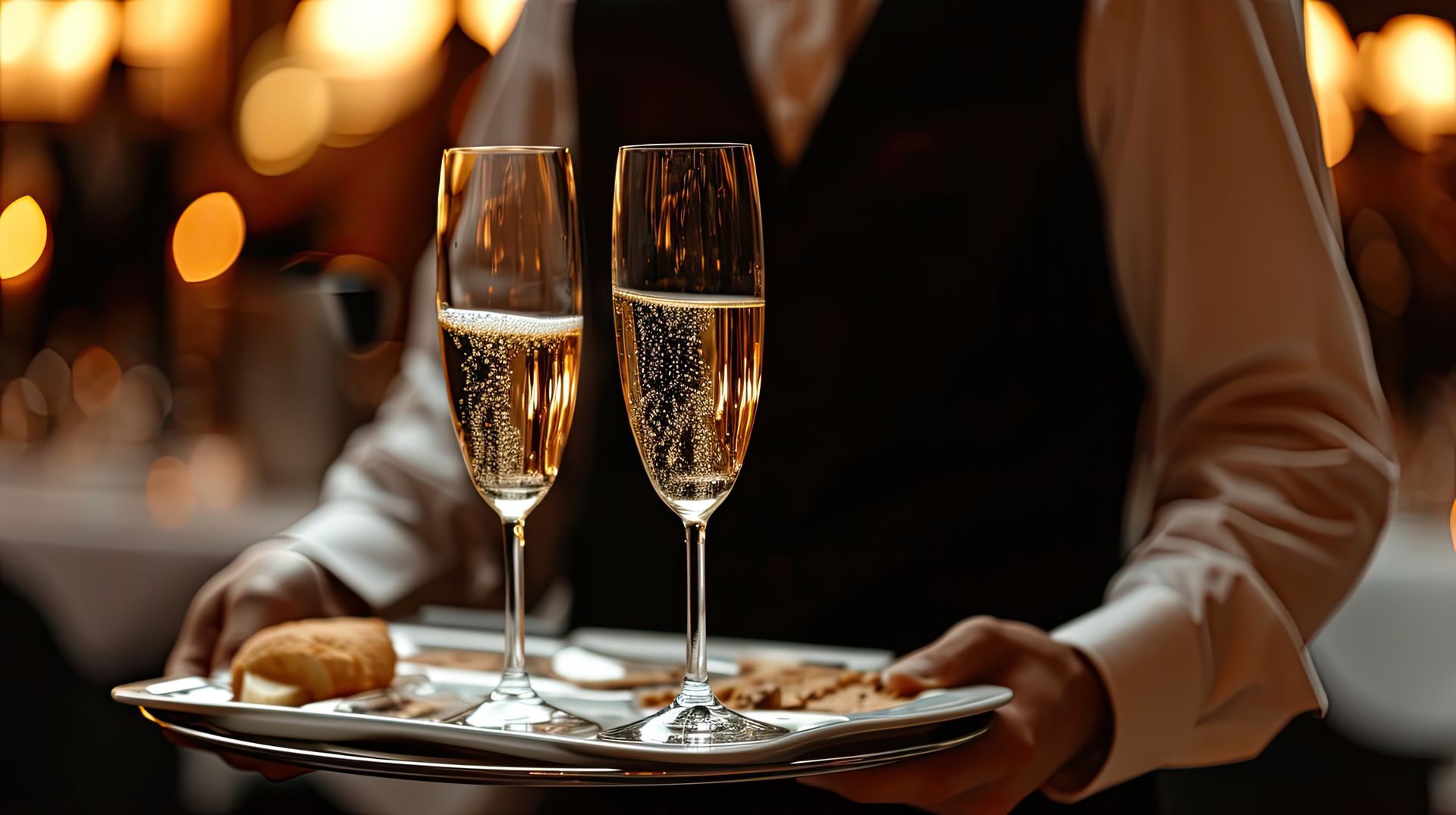 A waiter is holding a tray with two glasses of champagne on it.