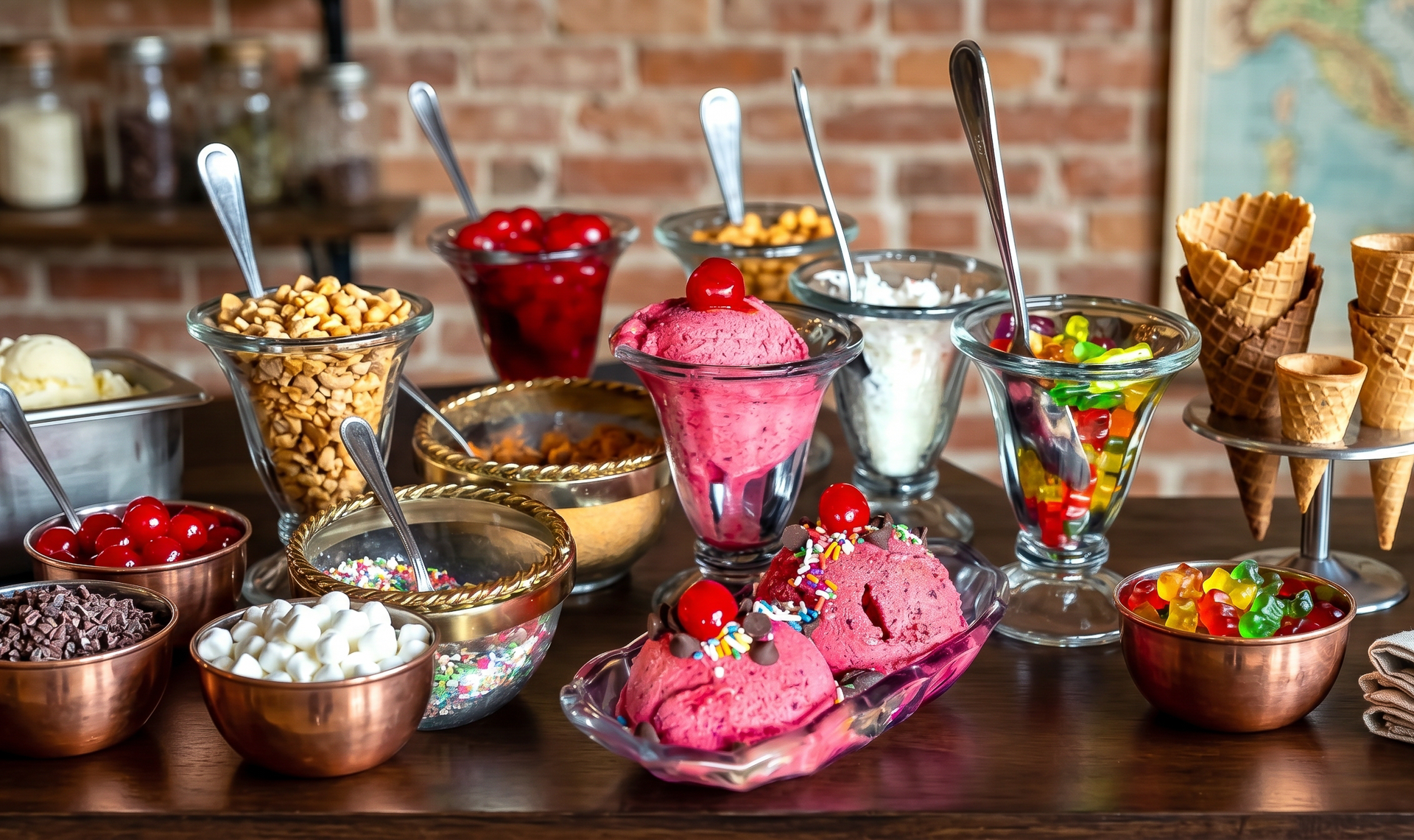 Assorted ice cream, toppings, and cones displayed on a wooden counter in a dessert shop.