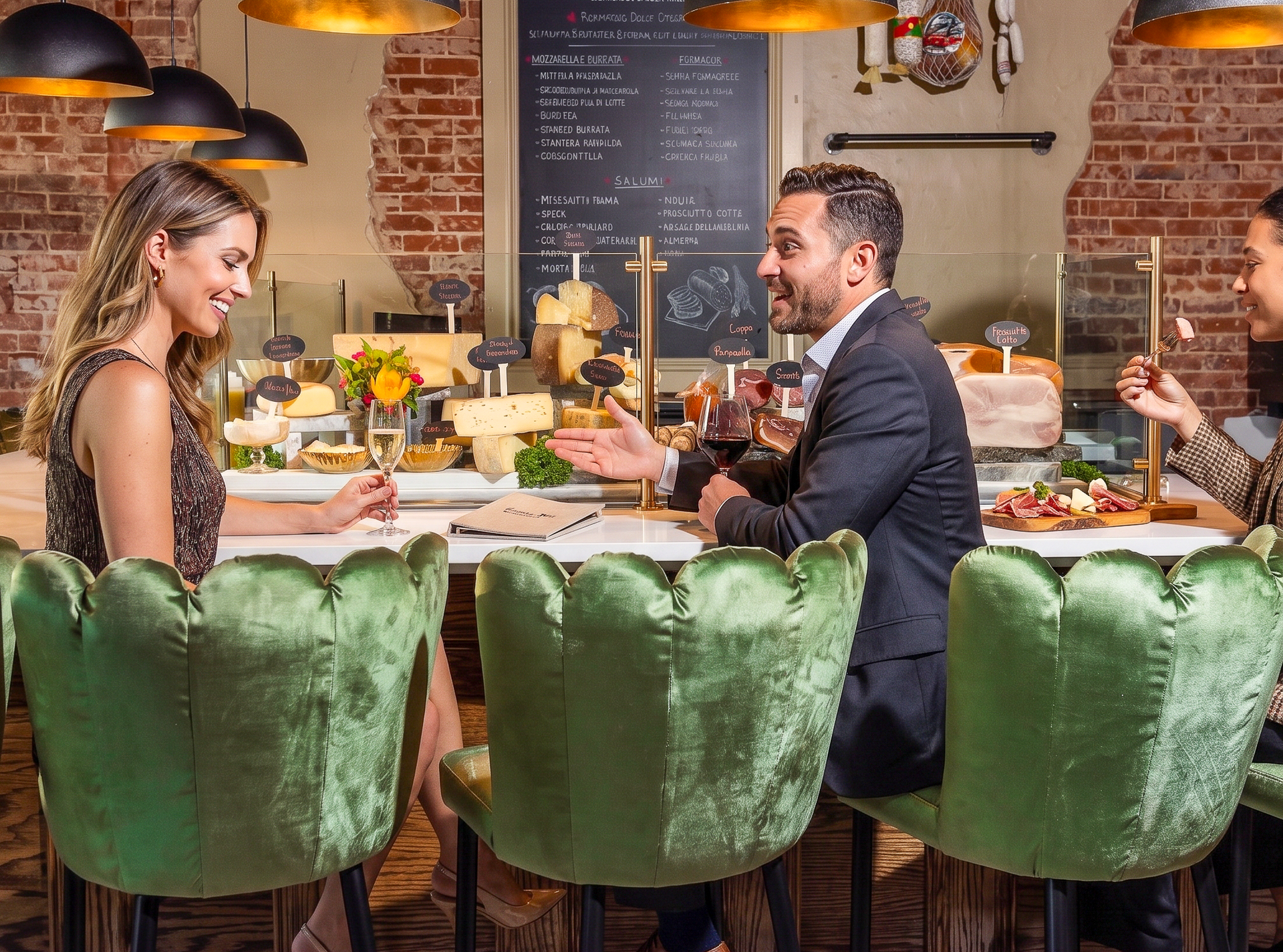 Couple dining and talking at a stylish restaurant bar with green velvet chairs and brick walls