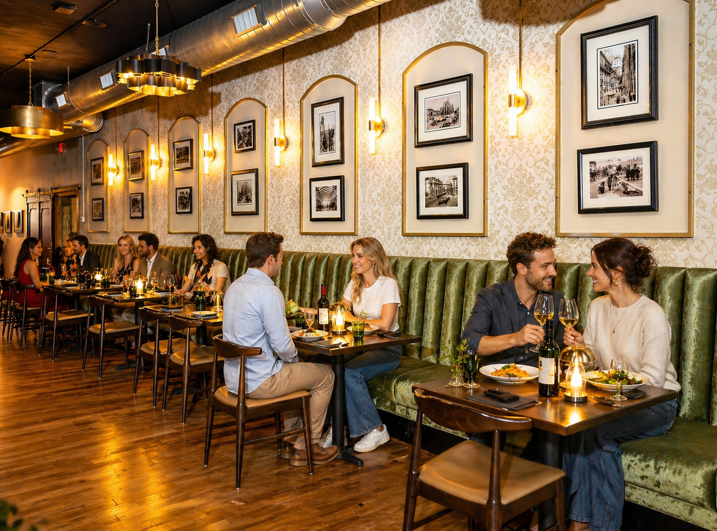 Dimly lit restaurant with framed art, wooden tables, and diners seated along a long wall.