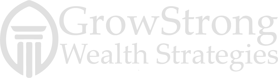 The logo for growstrong wealth strategies is gray and white.