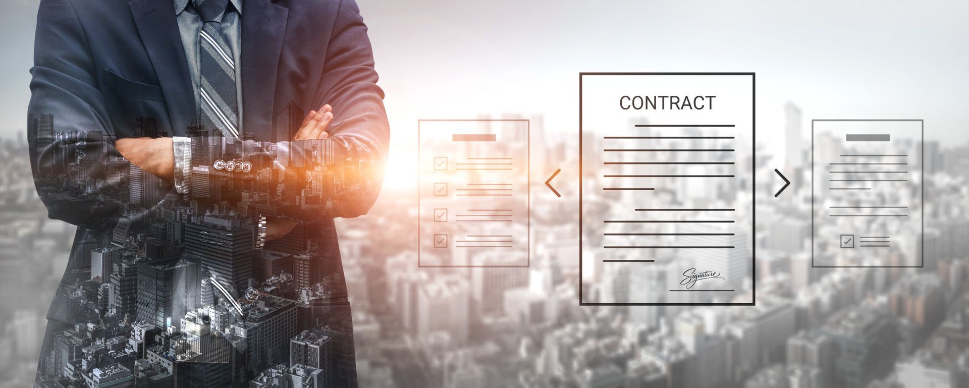 Businessperson in suit with glowing hand, navigating contract documents in a digital interface.