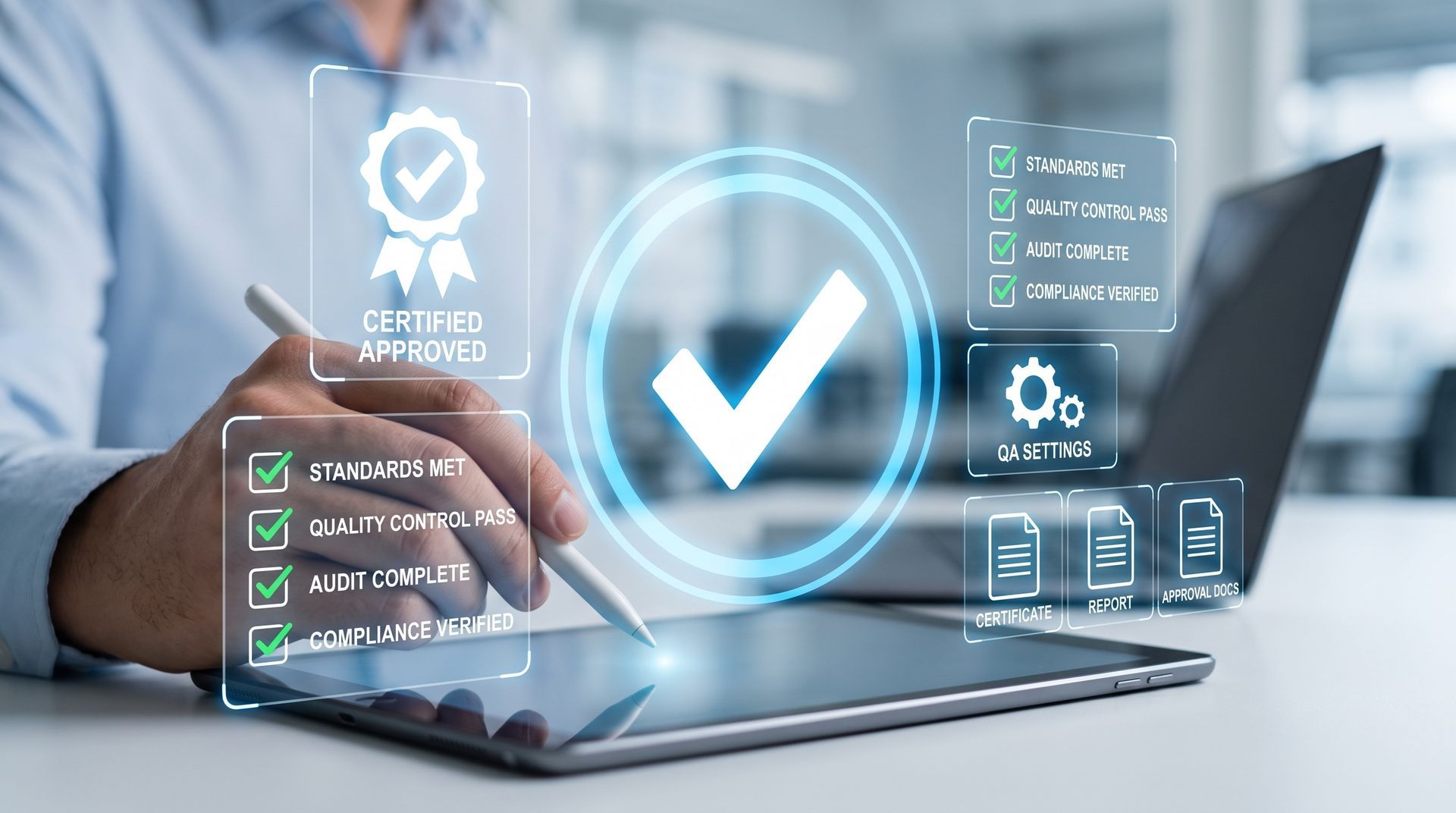 Businessman using laptop with digital compliance checkmarks and security icons overlayed