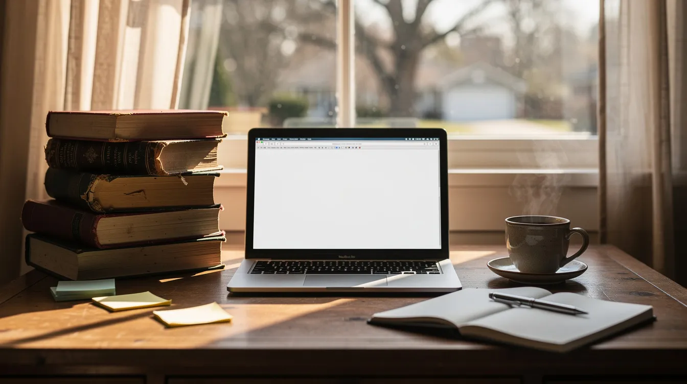 The image depicts an author's workspace featuring a desk cluttered with books, a laptop, and a coffee cup, all positioned near a window that allows natural light to fill the room. This inviting environment suggests a space where creativity flows and business strategies for both niche products and current bestsellers can be developed.