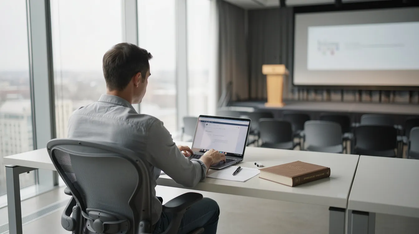 Person working on a laptop at a conference table in a modern meeting room with a presentation screen.