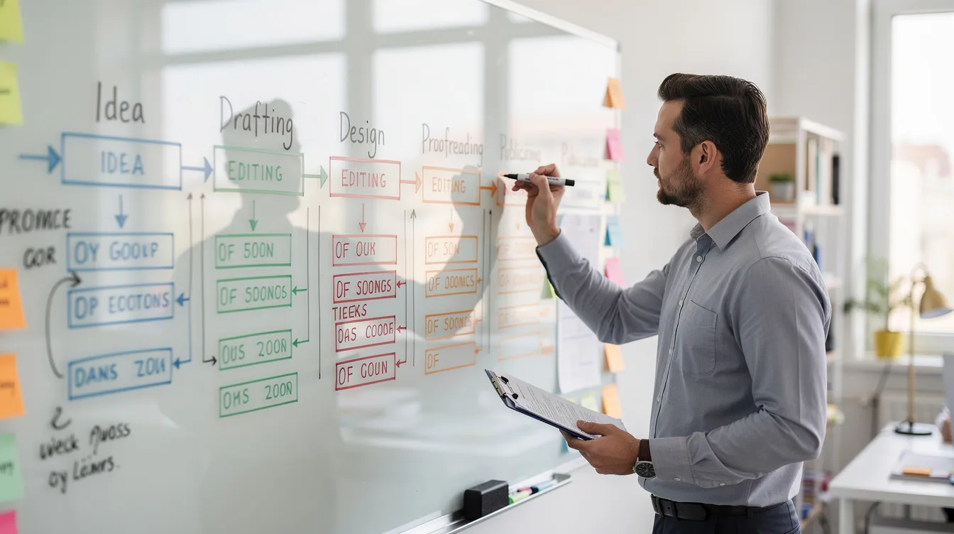 Man writing on a glass whiteboard in a bright office, holding a tablet and planning ideas.