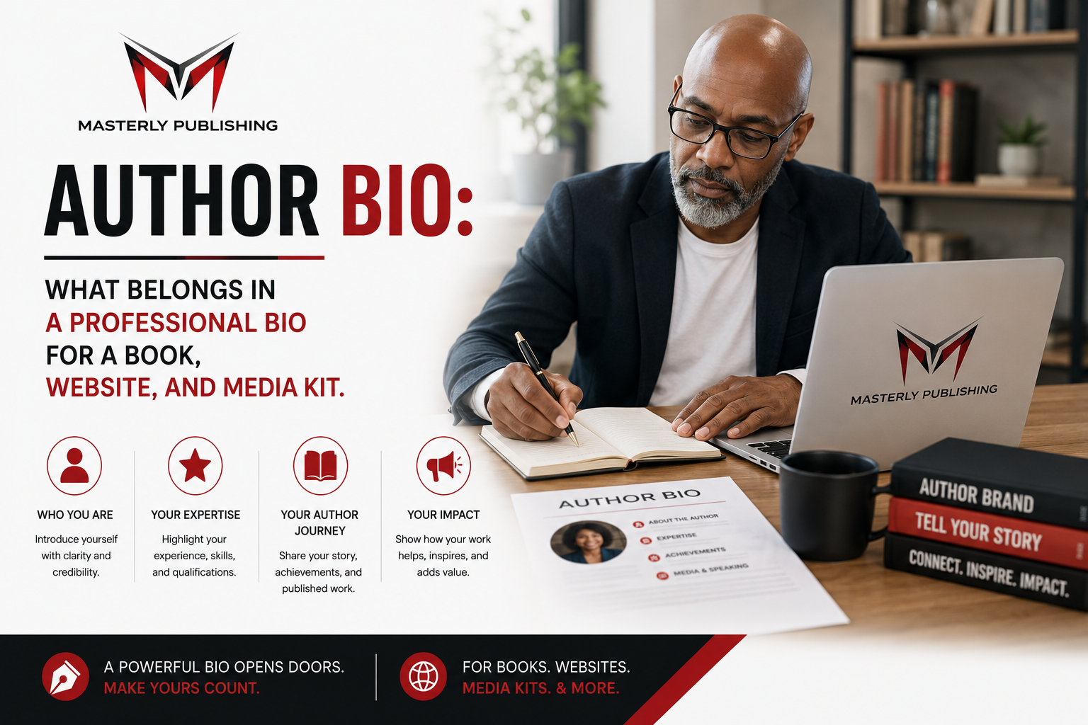 Author bio examples for books, media, and speaker profiles.