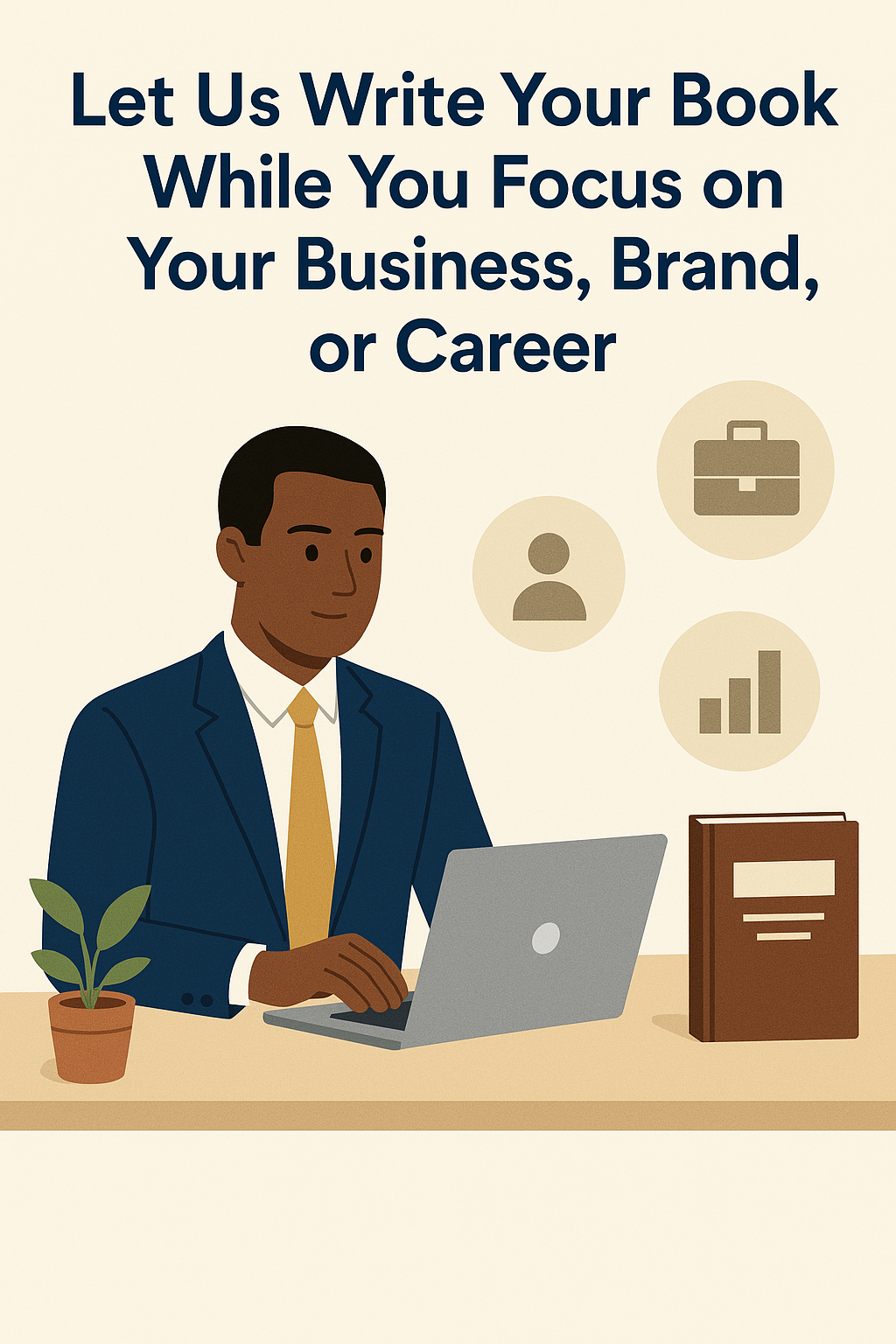 Illustration of a professional Black man in a navy suit working on a laptop at a desk with a brown book, plant, and business-related icons in the background. Above him, bold blue text reads: 