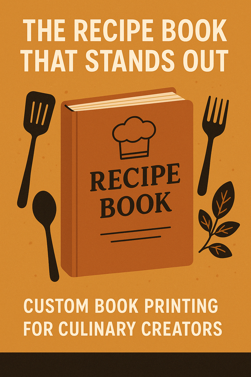 A 2D digital illustration features a bold orange recipe book with a chef hat icon on the cover, surrounded by kitchen utensils and herb leaves, set against a warm orange background. The text reads 