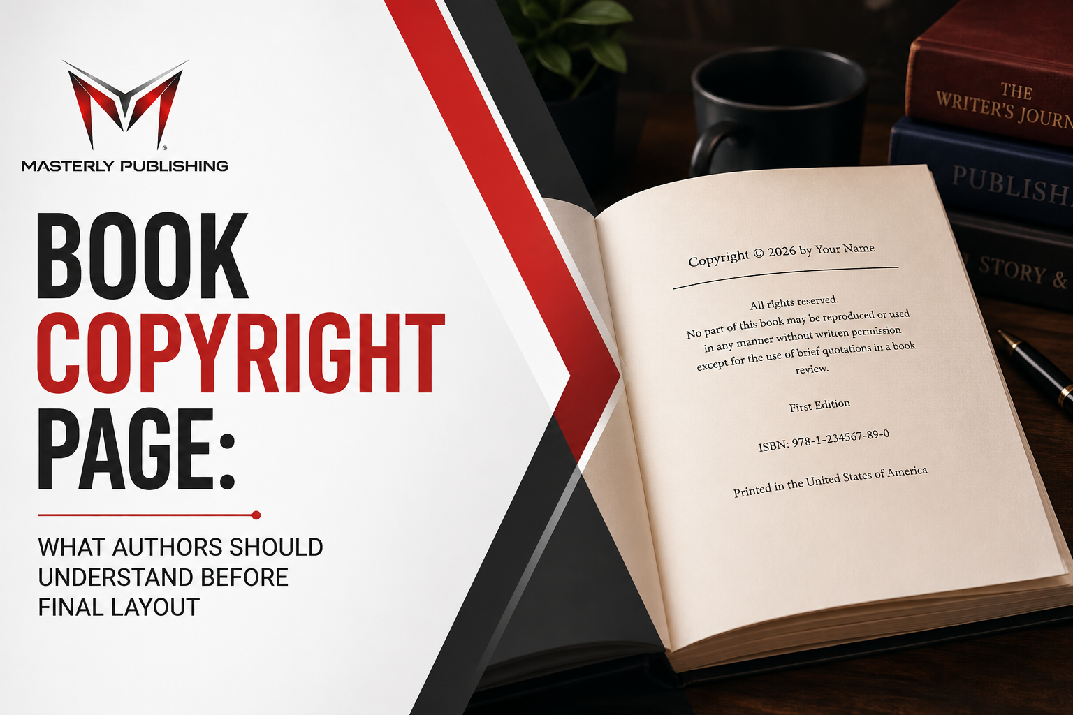 Open book displaying a copyright page with Masterly Publishing branding.