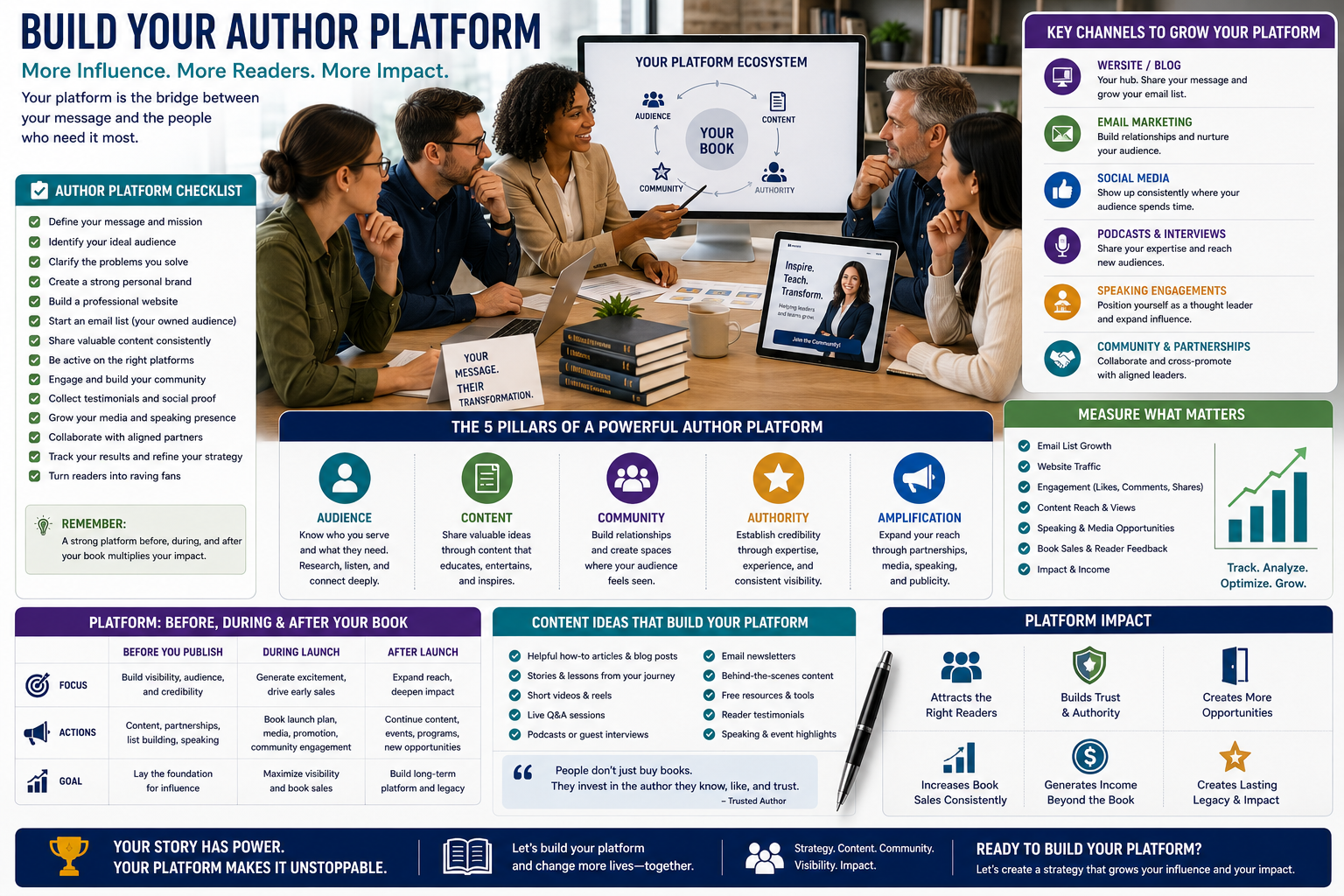 Author and publishing team reviewing manuscript, proposal, digital edition, or audience-platform materials author platform