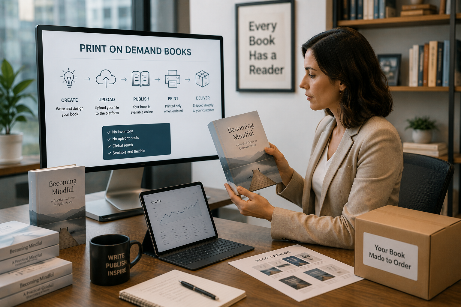 Professional publishing scene showing print on demand books, the create-to-delivery process, order tracking, printing, and direct customer fulfillment.